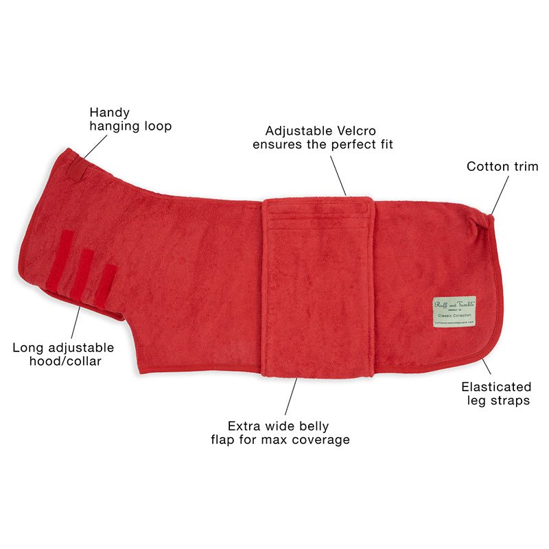 Classic Dog Drying Coat in Brick Red - Cheshire Game Ruff and Tumble