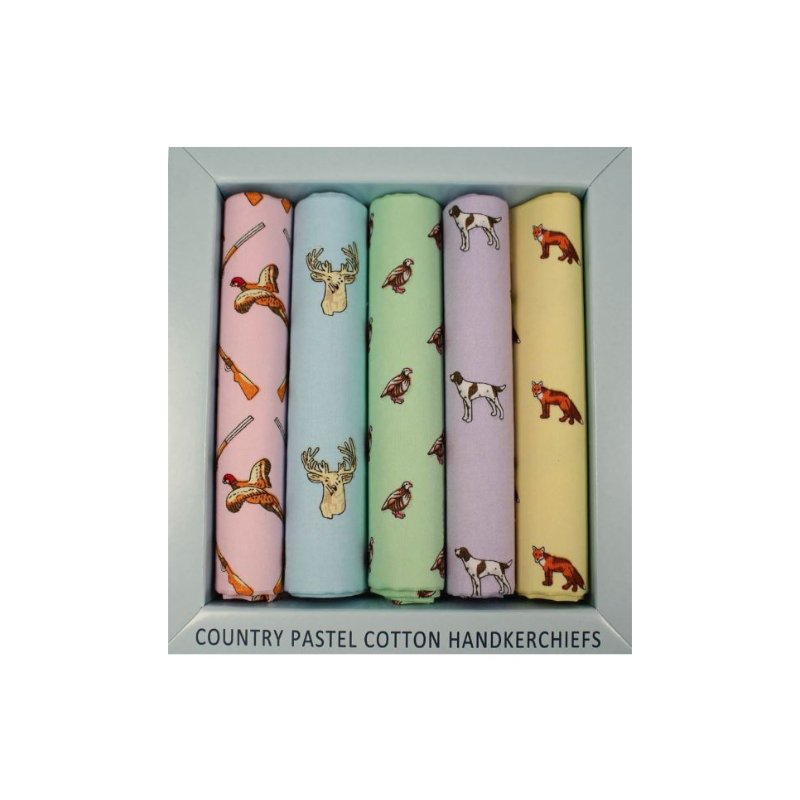 Soprano Five Pack Country Animals in Pastel Colours Cotton Hankies - Cheshire Game Sax Design