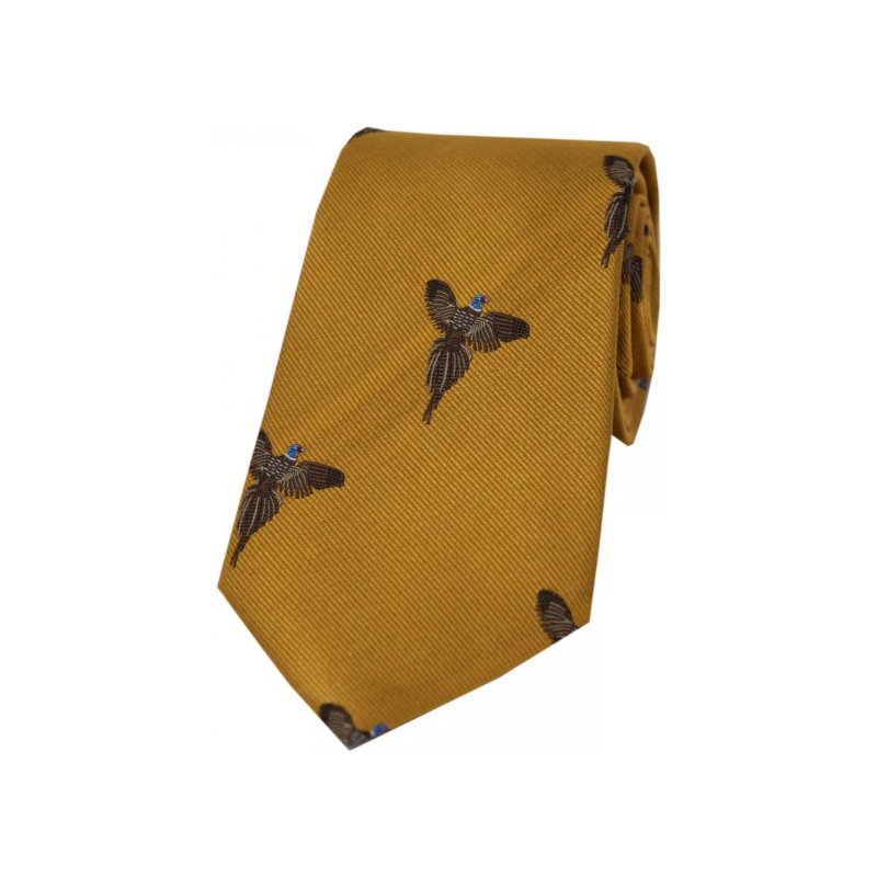 Soprano Flying Pheasants On Gold Ground Country Silk Tie (back profile) - Cheshire Game Sax Design