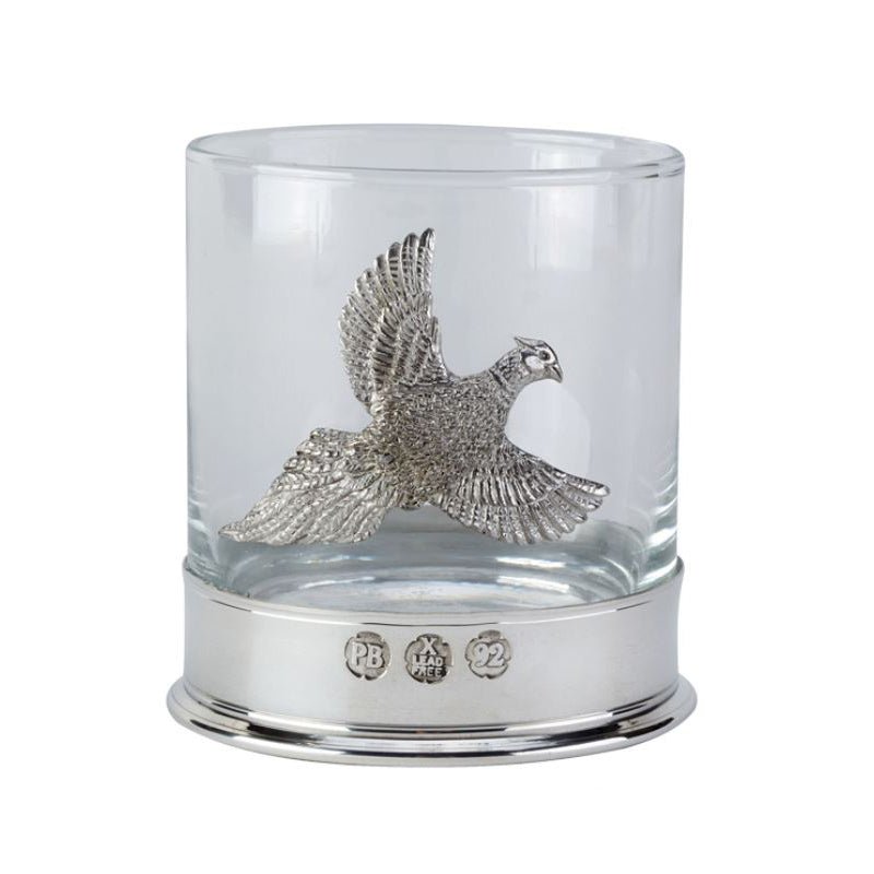 Whisky Glass with Pewter Flying Pheasant Motif in Presentation Box - Cheshire Game Bisley
